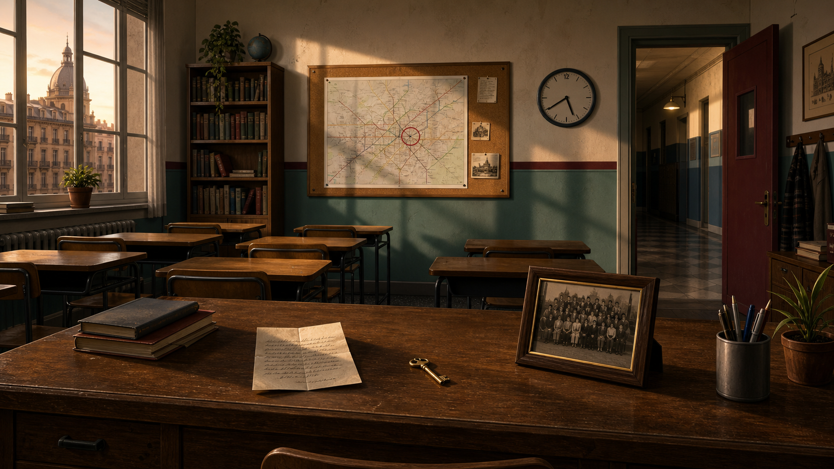 Elena's empty classroom at dusk