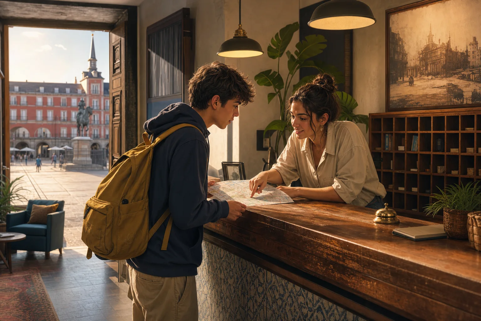 A lost traveller asking for directions at a Madrid hostel